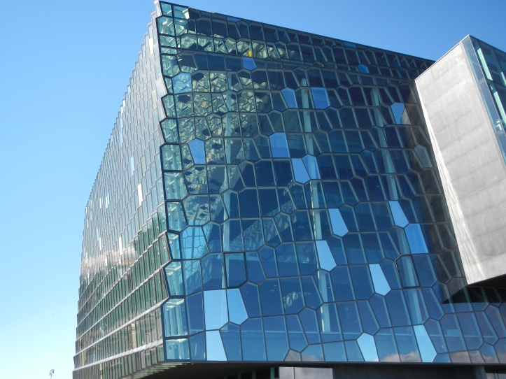 One of the outside views of the Harpa Concert Hall.  Note the colored window panels.