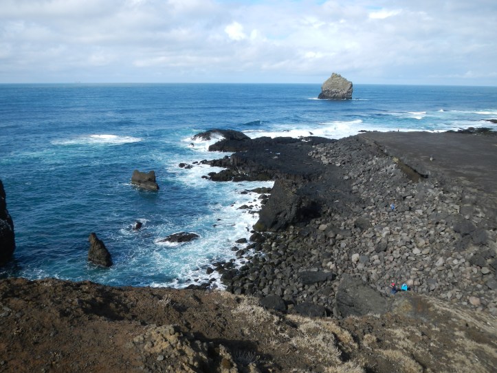 I climbed up an outcrop to capture this view (the Great Auk statue is just off to the right).  Here, you can see how high the winter waves reach, causing the erosion of the shoreline.