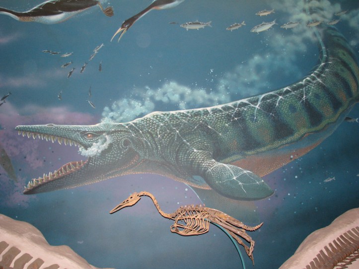 A beautiful painting of a mosasaur with a diving bird skeleton on display.