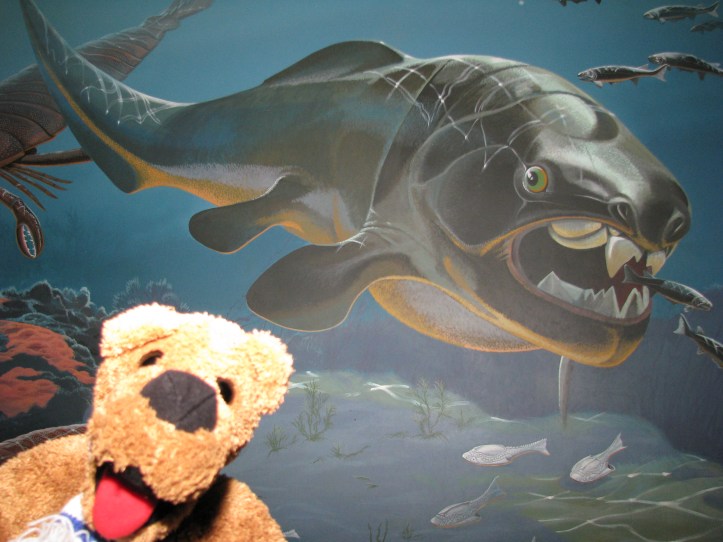 The Nittany Lion hanging out with what is believed to be the scariest predator in our oceans of all time, the Dunkleosteus!