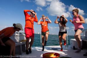 Our field leaders doing the good luck shark dance to bring the sharks to our lines.  At this part, they are doing the bull shark move.