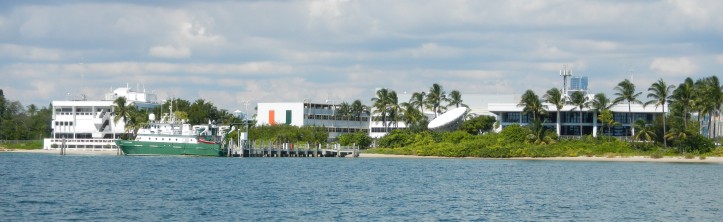 A view from the water of the University of Miami' Rosenstiel School of Marine & Atmospheric Science campus on Virginia Key.