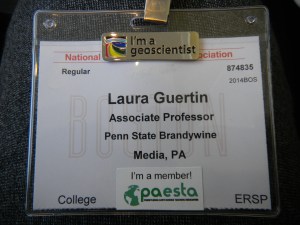 My name badge for the conference (I added the I'm a geoscientist pin and PAESTA sticker).