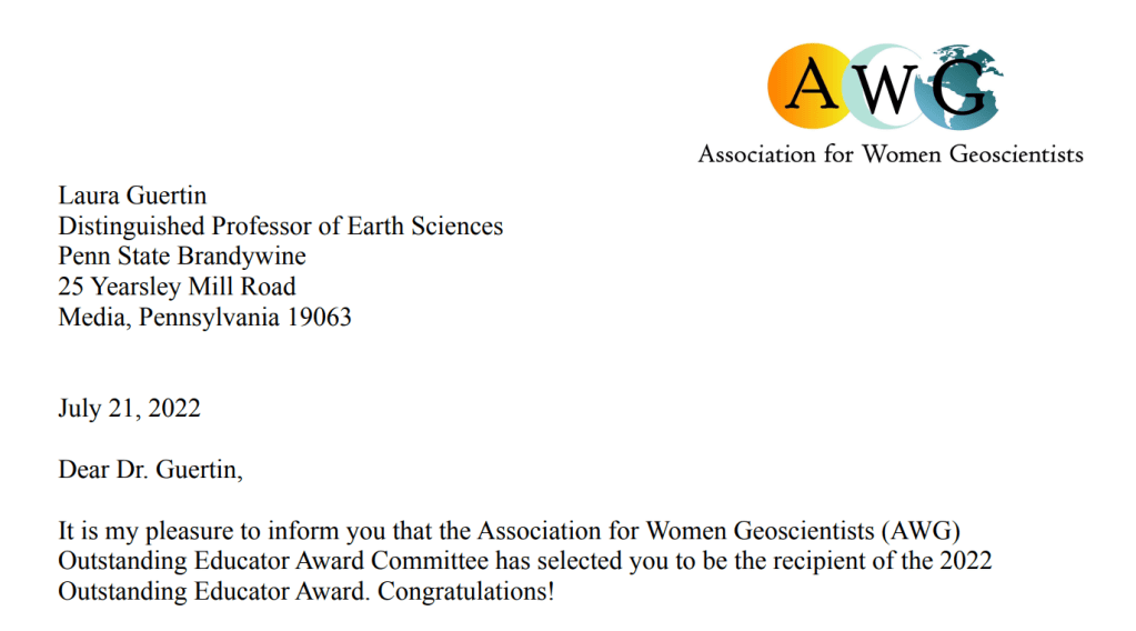 snapshot of the top of a letter from AWG informing Laura Guertin she is the recipient of the 2022 Outstanding Educator Award.