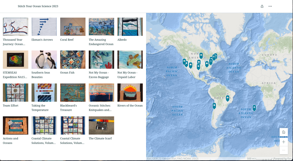 image with square images of 19 ocean-themed art projects on the left and a world map on the right