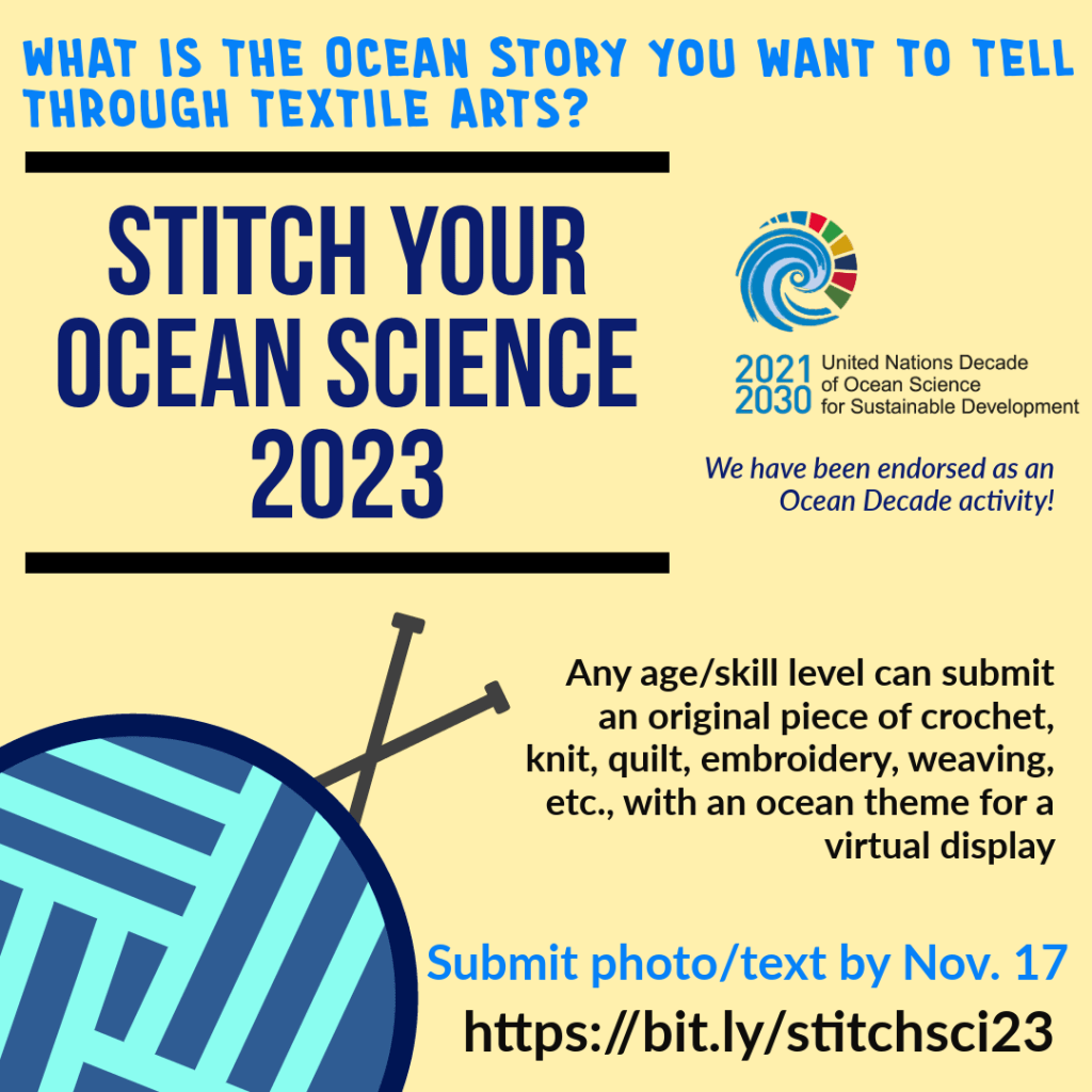 graphic of a ball of yarn and an announcement of Stitch Your Ocean Science 2023