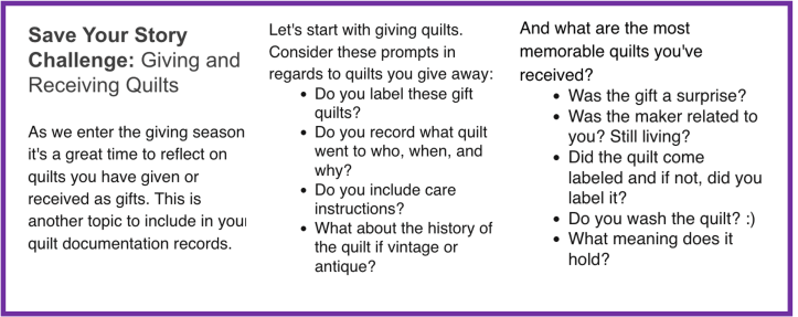 Text describing the Save Your Story Challenge: Giving and Receiving Quilts