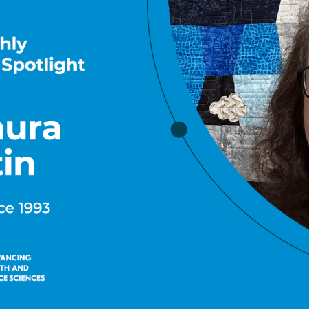 Photo of Dr. Laura Guertin with the words AGU Monthly Volunteer Spotlight, Member since 1993