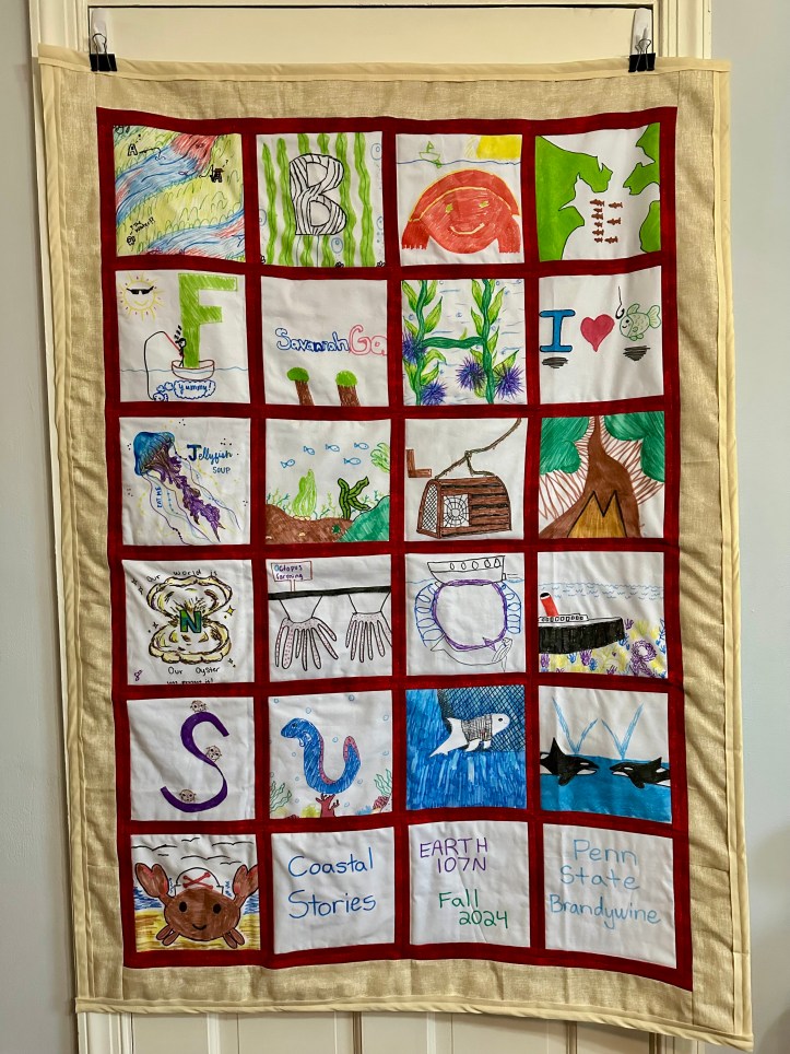 Hanging quilt with hand-drawn squares themed on coastal issues