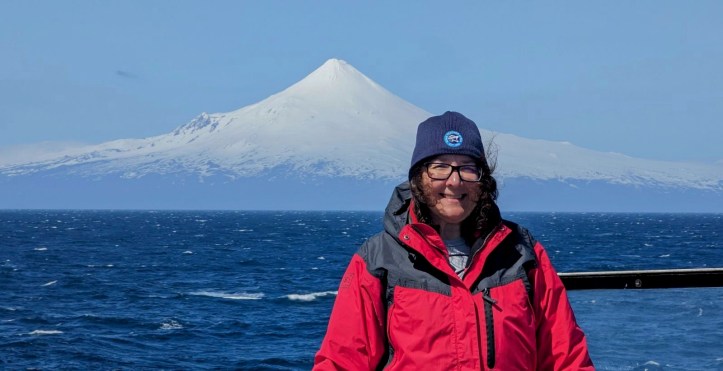 Person standing on a ship with a snow-covered mountain in the background