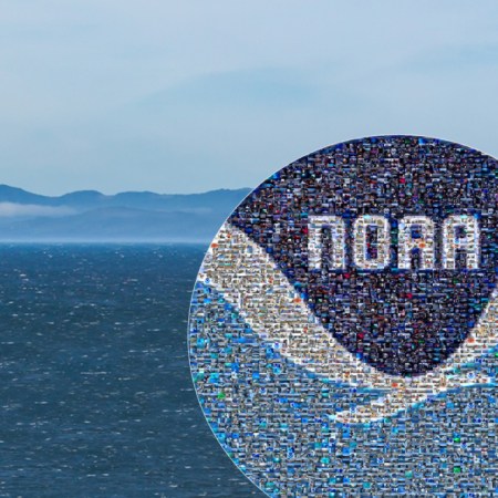 NOAA logo in front of a mountain and the ocean