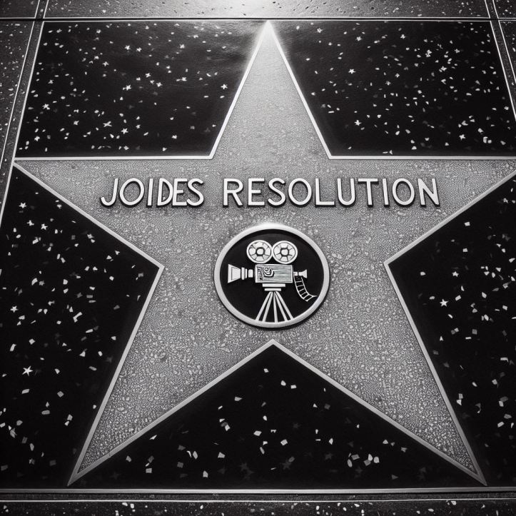A black-and-white image of a star on the Hollywood Walk of Fame with the words JOIDES RESOLUTION and an old-time movie camera in a circle